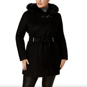 CALVIN KLEIN Faux-Fur-Hood Asymmetrical Wrap Coat Size XXL New w/Tag